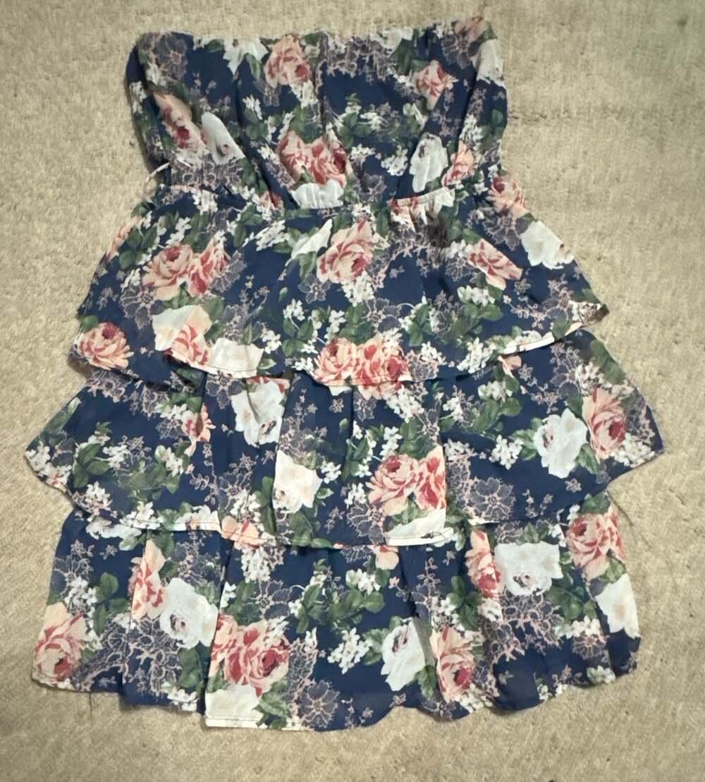 Rue21 Floral Strapless Ruffle Dress Size L Blue Pink Roses